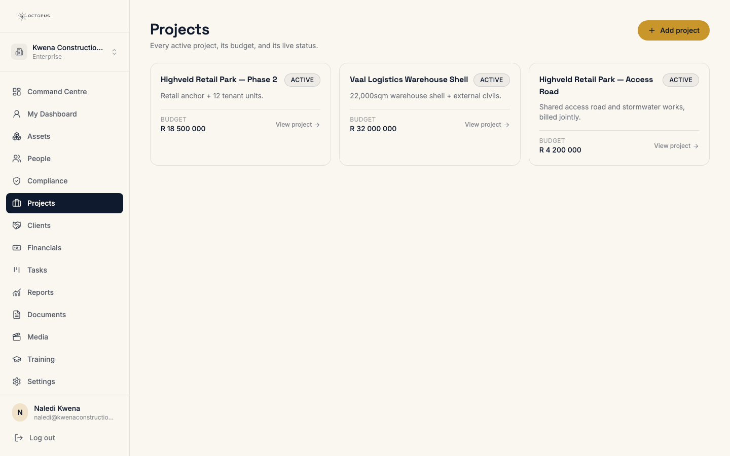 Projects & Financials in Octopus